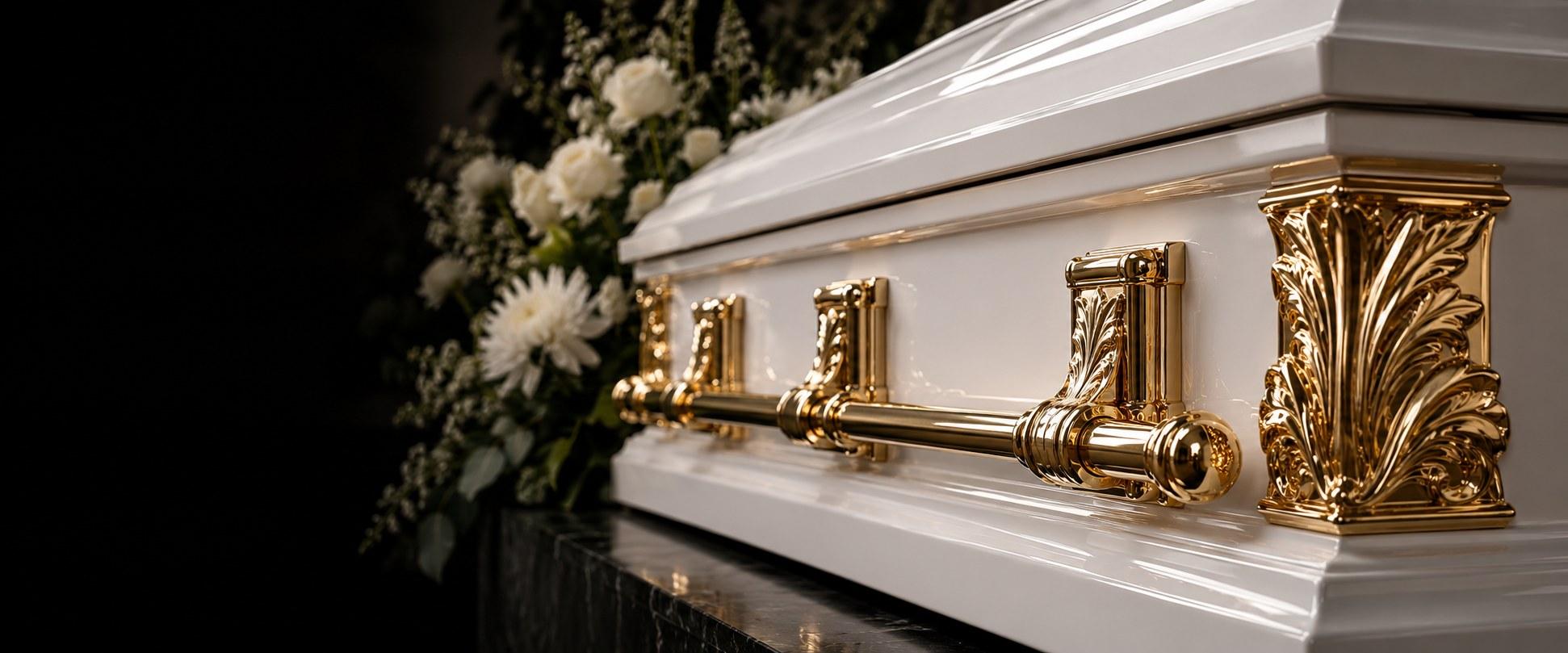 White casket with polished gold casket handles and corner pieces